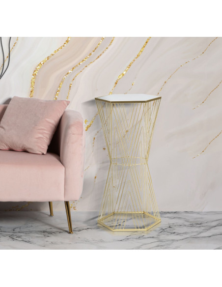 Sellette haute moderne Hexagonale en Métal Doré Bois Miroir Lines 