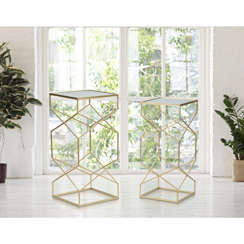 Table d'appoint moderne Carrée en Métal Doré Miroir Glassy (Lot de 2) 