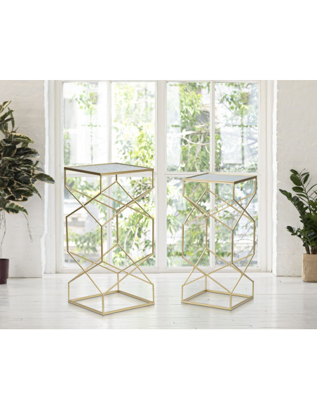 Table d'appoint moderne Carrée en Métal Doré Miroir Glassy (Lot de 2) 