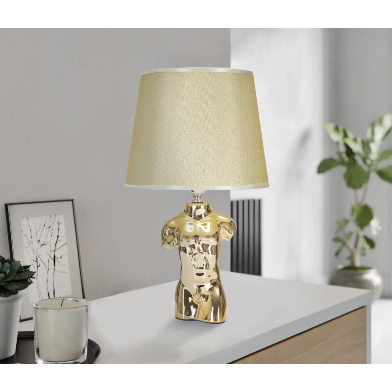 Lampe à poser originale Buste d'homme Hauteur 39 cm en Céramique Doré Tissu Blanc crème Glam Man 