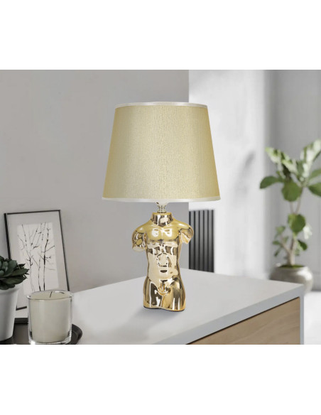 Lampe à poser originale Buste d'homme Hauteur 39 cm en Céramique Doré Tissu Blanc crème Glam Man 