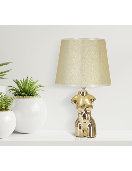 Lampe à poser originale Buste de femme Hauteur 39 cm en Céramique Doré Tissu Blanc crème Glam Woman 