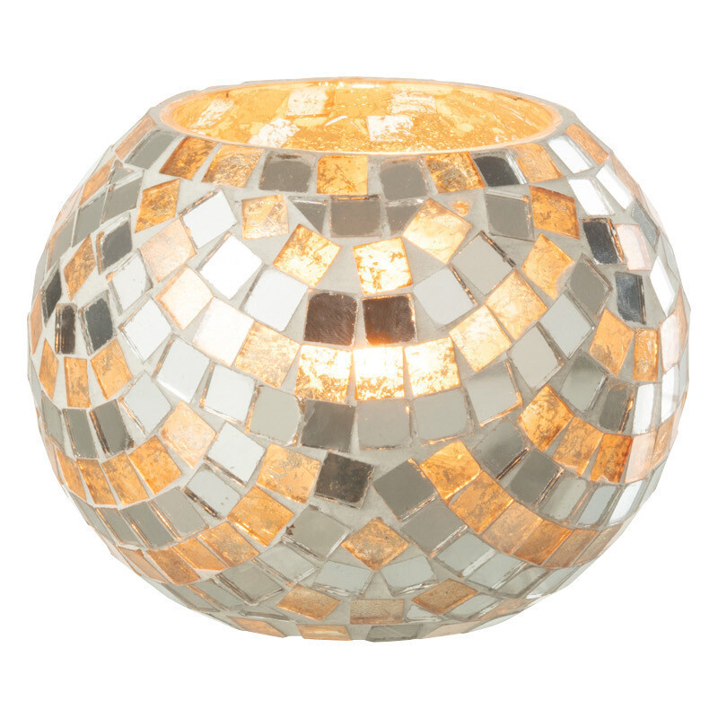 Photophore rond mosaïque argent et doré 10x8 - 2