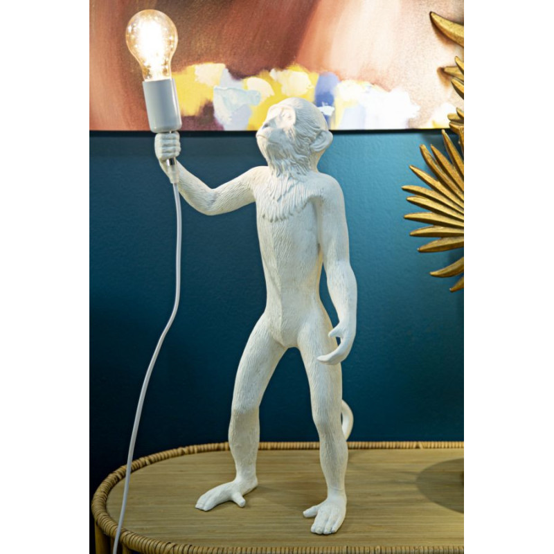Lampe à poser originale XL Singe debout Hauteur 55 cm en Résine Métal Blanc Monkey 