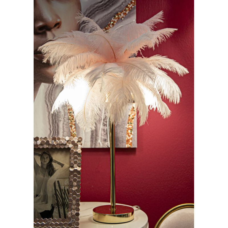 Lampe à poser moderne XL Plumes Hauteur 55 cm en Métal Doré Plastique Rose Palm 
