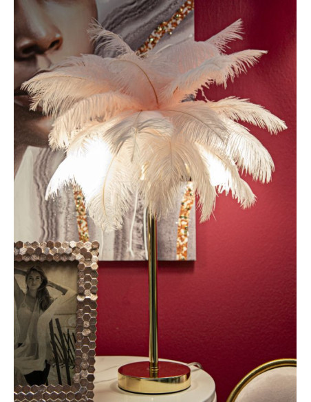 Lampe à poser moderne XL Plumes Hauteur 55 cm en Métal Doré Plastique Rose Palm 