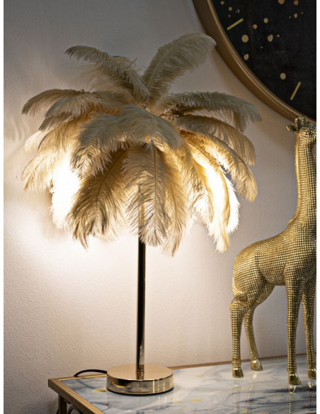 Lampe à poser moderne XL Plumes Hauteur 55 cm en Métal Doré Plastique Marron camel Palm 
