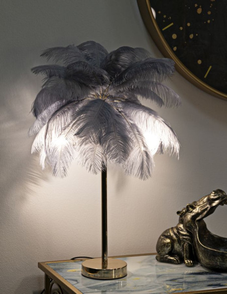 Lampe à poser moderne XL Plumes Hauteur 55 cm en Métal Doré Plastique Gris Palm 