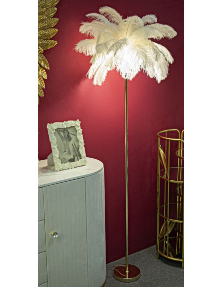 Lampadaire moderne XL Plumes Hauteur 160 cm en Métal Doré Plastique Blanc Palm 