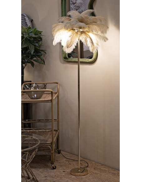 Lampadaire moderne XL Plumes Hauteur 160 cm en Métal Doré Plastique Marron camel Palm 