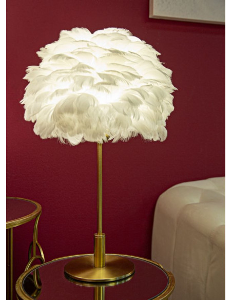 Lampe à poser moderne XL Plumes Hauteur 50 cm en Métal Doré Plastique Blanc Ball Feather 