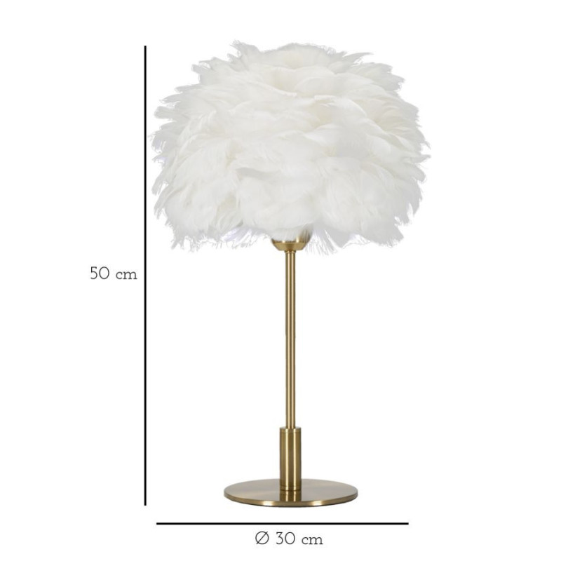 Lampe à poser moderne XL Plumes Hauteur 50 cm en Métal Doré Plastique Blanc Ball Feather 
