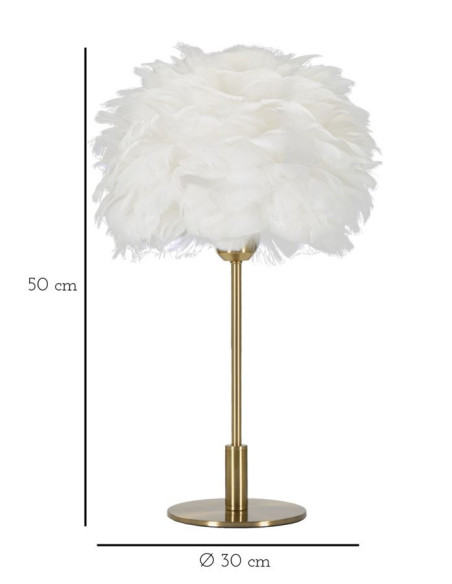 Lampe à poser moderne XL Plumes Hauteur 50 cm en Métal Doré Plastique Blanc Ball Feather 