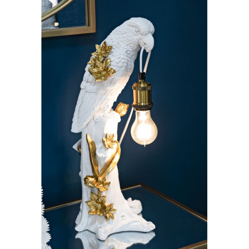 Lampe à poser originale XL Perroquet Hauteur 50 cm en Resine Blanc Doré Pappagallo 