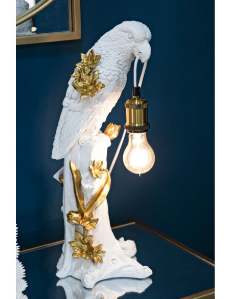 Lampe à poser originale XL Perroquet Hauteur 50 cm en Resine Blanc Doré Pappagallo 