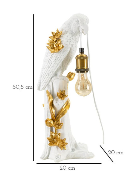 Lampe à poser originale XL Perroquet Hauteur 50 cm en Resine Blanc Doré Pappagallo 