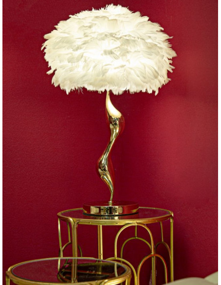 Lampe à poser moderne XL Plumes Hauteur 63 cm en Métal Doré Plastique Blanc Slim 