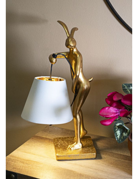 Lampe à poser originale Lapin debout Hauteur 47 cm en Résine Doré Tissu Blanc Rabbit 