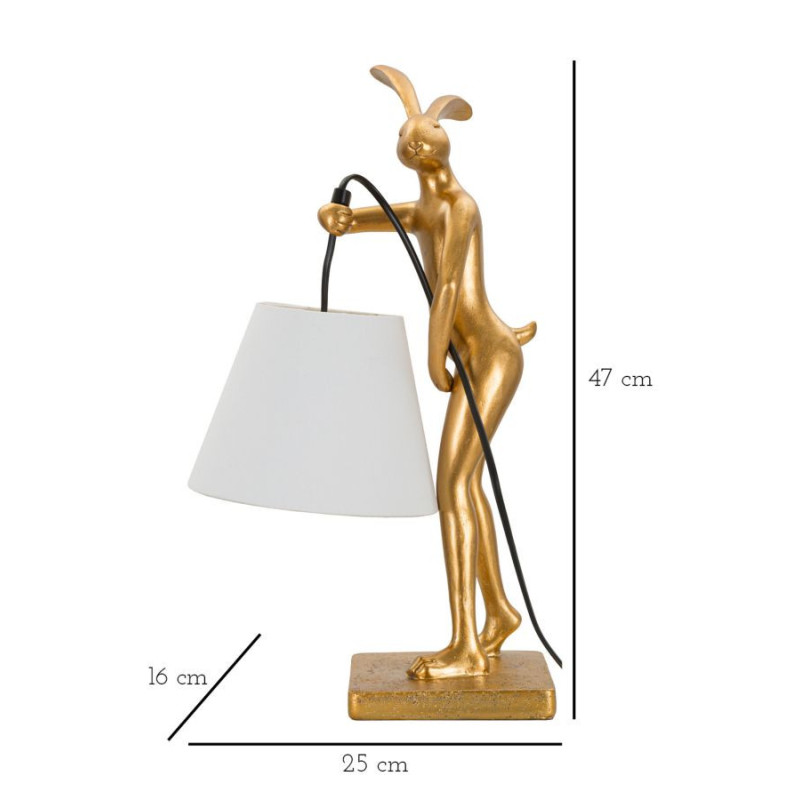 Lampe à poser originale Lapin debout Hauteur 47 cm en Résine Doré Tissu Blanc Rabbit 