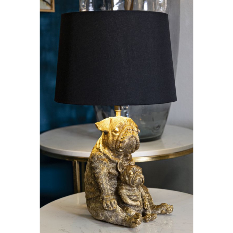 Lampe à poser originale Bouledogues assis Hauteur 43 cm en Résine Doré Tissu Noir Dog 