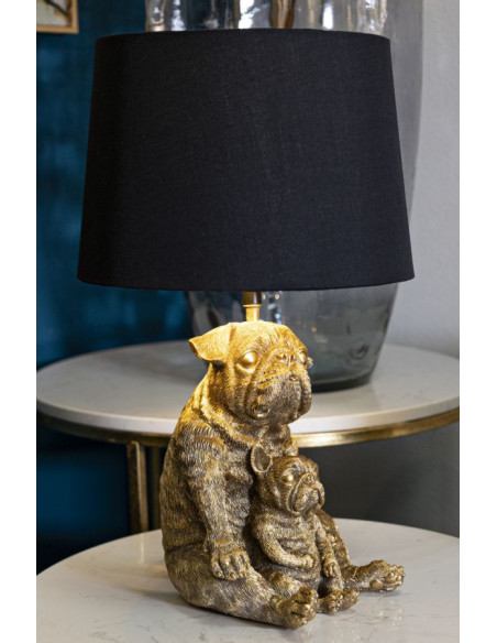 Lampe à poser originale Bouledogues assis Hauteur 43 cm en Résine Doré Tissu Noir Dog 