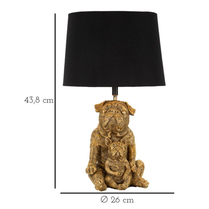 Lampe à poser originale Bouledogues assis Hauteur 43 cm en Résine Doré Tissu Noir Dog 