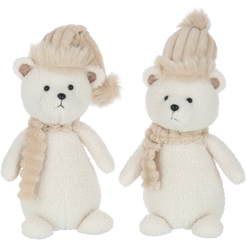 Décoration de Noël OUrs avec écharpe & bonnet 35 cm en Polyester Blanc Beige (Lot de 2) - 1