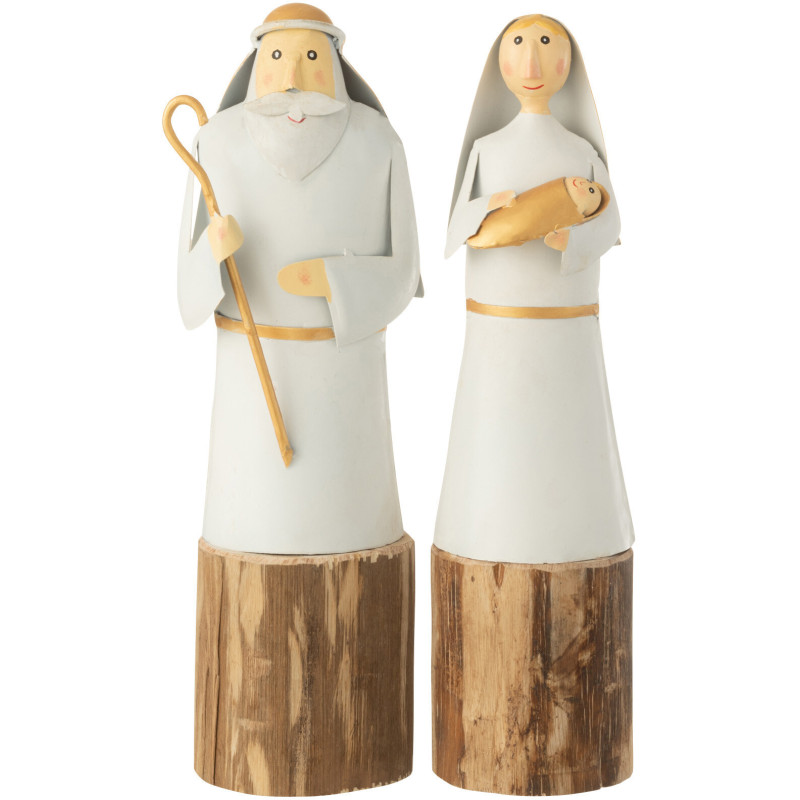 Décoration de Noël Marie & Jospeh 30 cm en Métal Blanc Doré Bois Naturel (Lot de 2) - 1