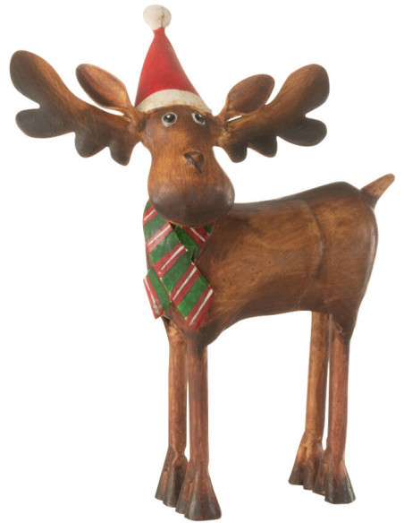 Décoration de Noël Élan avec bonnet 15 cm en Métal Marron Rouge - 1