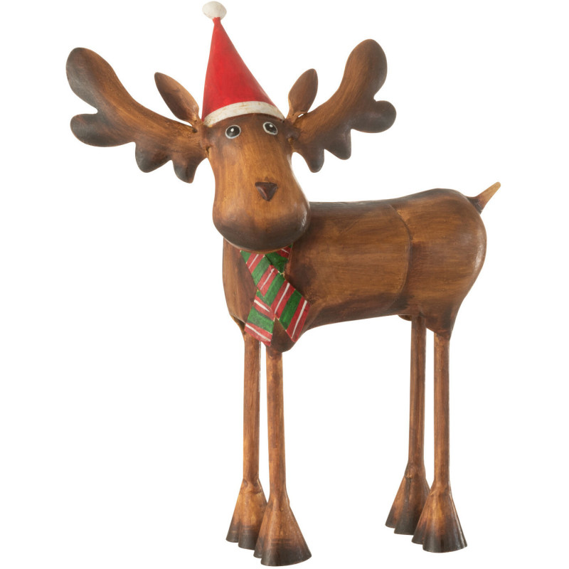 Décoration de Noël Élan avec bonnet 25 cm en Métal Marron Rouge - 1