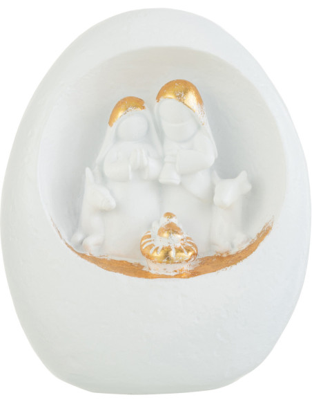Crêche de Noël Ovale 20 cm en Résine Blanc Doré - 1
