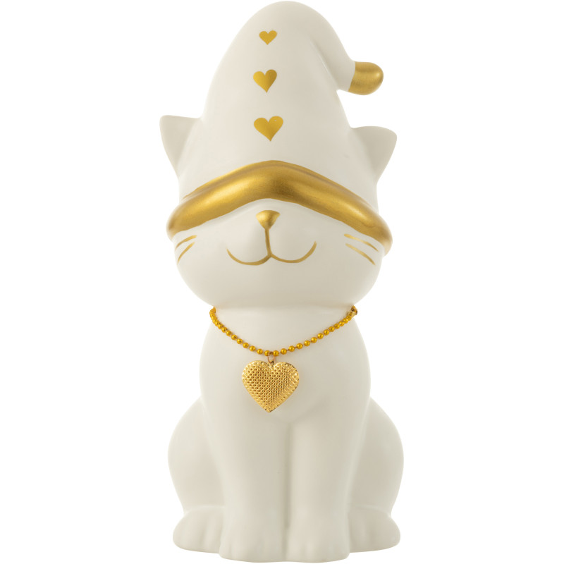 Statuette déco Chat avec bonnet 30 cm en Résine Blanc Doré - 1