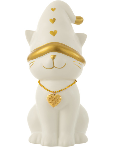 Statuette déco Chat avec bonnet 30 cm en Résine Blanc Doré - 1
