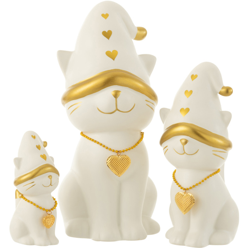 Statuette déco Chat avec bonnet 30 cm en Résine Blanc Doré - 3