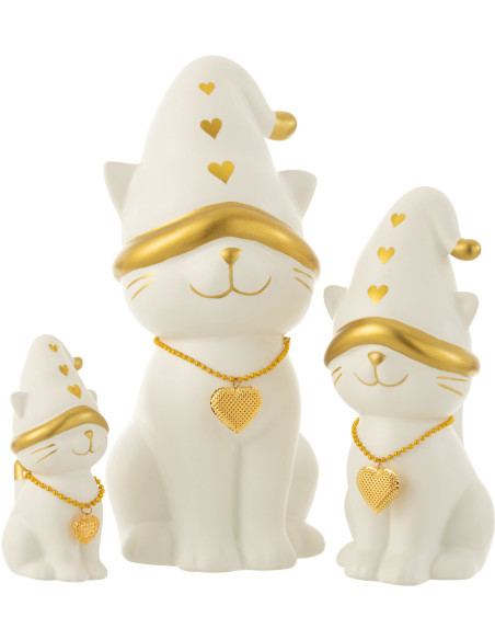 Statuette déco Chat avec bonnet 30 cm en Résine Blanc Doré - 3