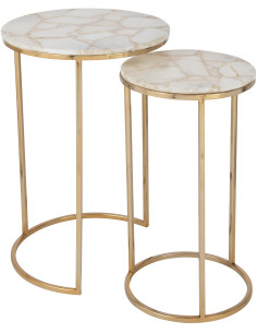 Sellette Haute Gigogne Ronde Quartz en Métal Doré Pierre Blanc (Lot de 2) - 1
