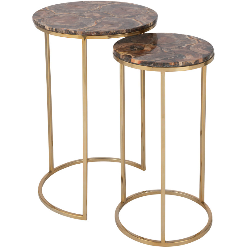 Sellette Haute Gigogne Ronde Petri en Métal Doré Pierre Marron (Lot de 2) - 1
