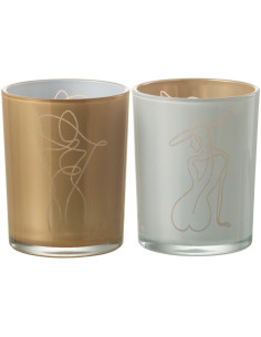 Photophore Cylindrique Lady Diamètre 10 cm en Verre Blanc Beige Motif femme abstraite (Lot de 2) - 1
