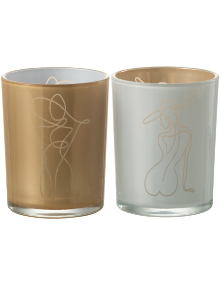 Photophore Cylindrique Lady Diamètre 10 cm en Verre Blanc Beige Motif femme abstraite (Lot de 2) - 1