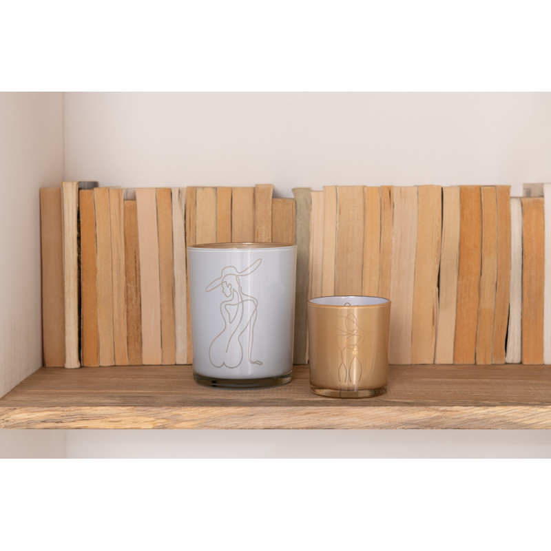 Photophore Cylindrique Lady Diamètre 10 cm en Verre Blanc Beige Motif femme abstraite (Lot de 2) - 2