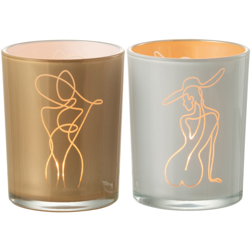 Photophore Cylindrique Lady Diamètre 10 cm en Verre Blanc Beige Motif femme abstraite (Lot de 2) - 3