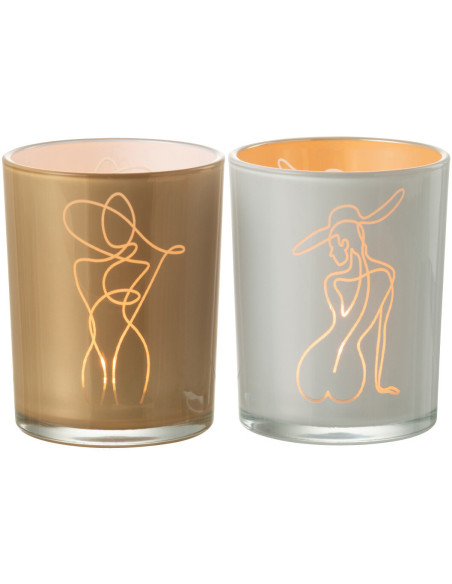 Photophore Cylindrique Lady Diamètre 10 cm en Verre Blanc Beige Motif femme abstraite (Lot de 2) - 3