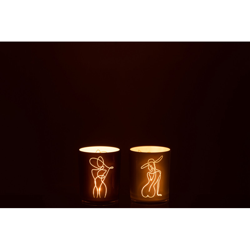 Photophore Cylindrique Lady Diamètre 10 cm en Verre Blanc Beige Motif femme abstraite (Lot de 2) - 4