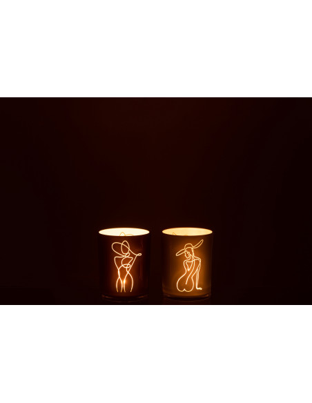 Photophore Cylindrique Lady Diamètre 10 cm en Verre Blanc Beige Motif femme abstraite (Lot de 2) - 4