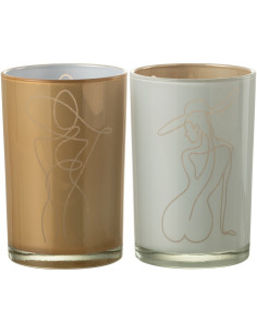 Photophore Cylindrique Lady Diamètre 12 cm en Verre Blanc Beige Motif femme abstraite (Lot de 2) - 1
