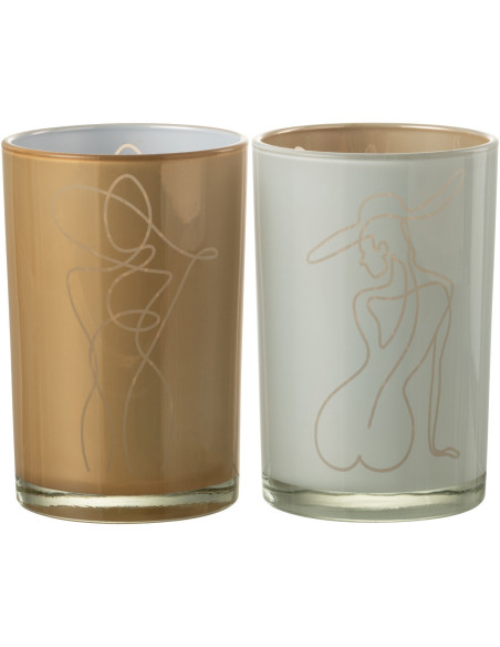 Photophore Cylindrique Lady Diamètre 12 cm en Verre Blanc Beige Motif femme abstraite (Lot de 2) - 1