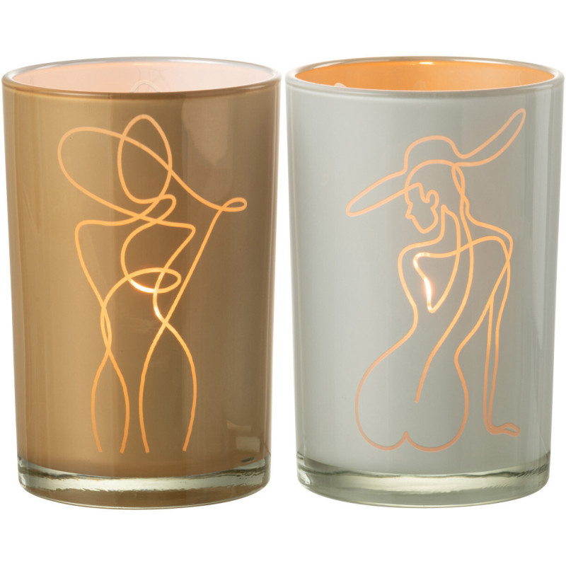 Photophore Cylindrique Lady Diamètre 12 cm en Verre Blanc Beige Motif femme abstraite (Lot de 2) - 3