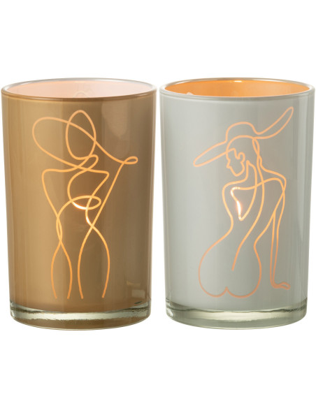 Photophore Cylindrique Lady Diamètre 12 cm en Verre Blanc Beige Motif femme abstraite (Lot de 2) - 3