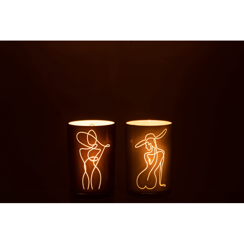 Photophore Cylindrique Lady Diamètre 12 cm en Verre Blanc Beige Motif femme abstraite (Lot de 2) - 4