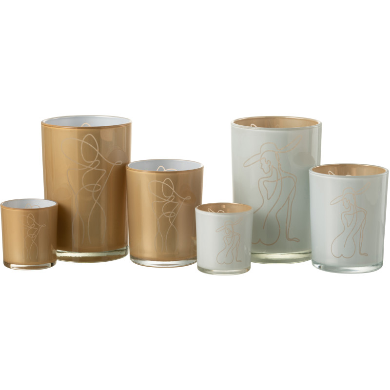 Photophore Cylindrique Lady Diamètre 12 cm en Verre Blanc Beige Motif femme abstraite (Lot de 2) - 5